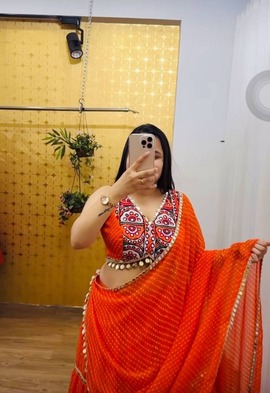 Meher Kutchi Embroidery Blouse with Orange Bandhani Style Lehenga Set