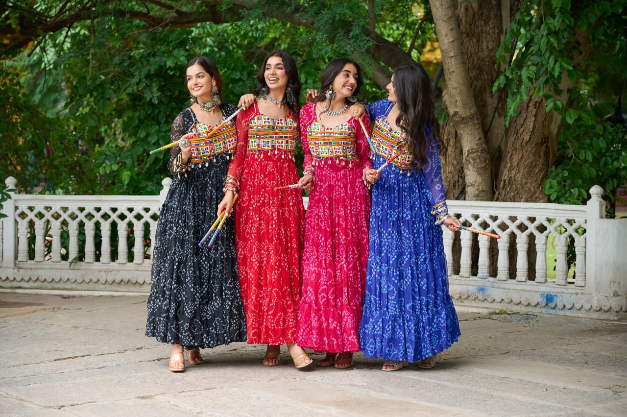 Navrang Fusion Bandhani Mirror Work Garba Gown