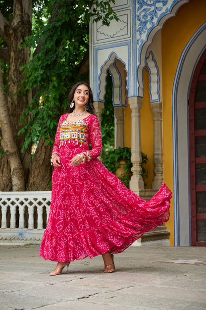 Navrang Fusion Bandhani Mirror Work Garba Gown