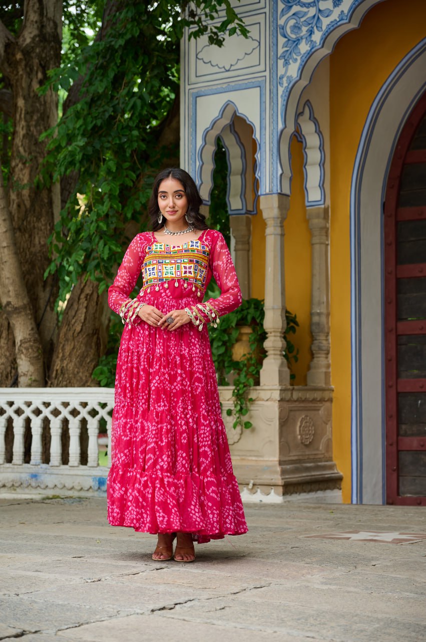 Navrang Fusion Bandhani Mirror Work Garba Gown