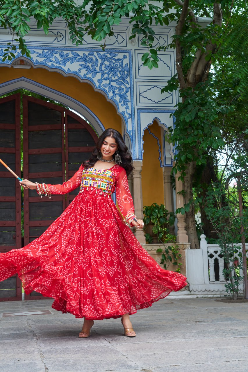 Navrang Fusion Bandhani Mirror Work Garba Gown