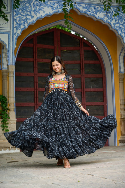 Navrang Fusion Bandhani Mirror Work Garba Gown
