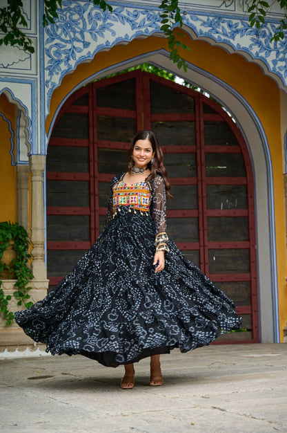 Navrang Fusion Bandhani Mirror Work Garba Gown