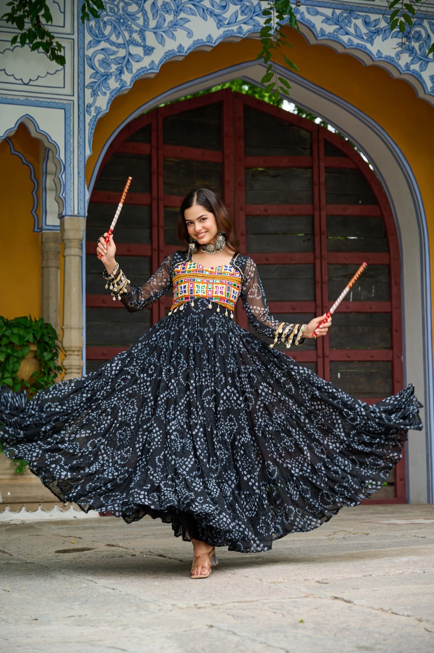Navrang Fusion Bandhani Mirror Work Garba Gown