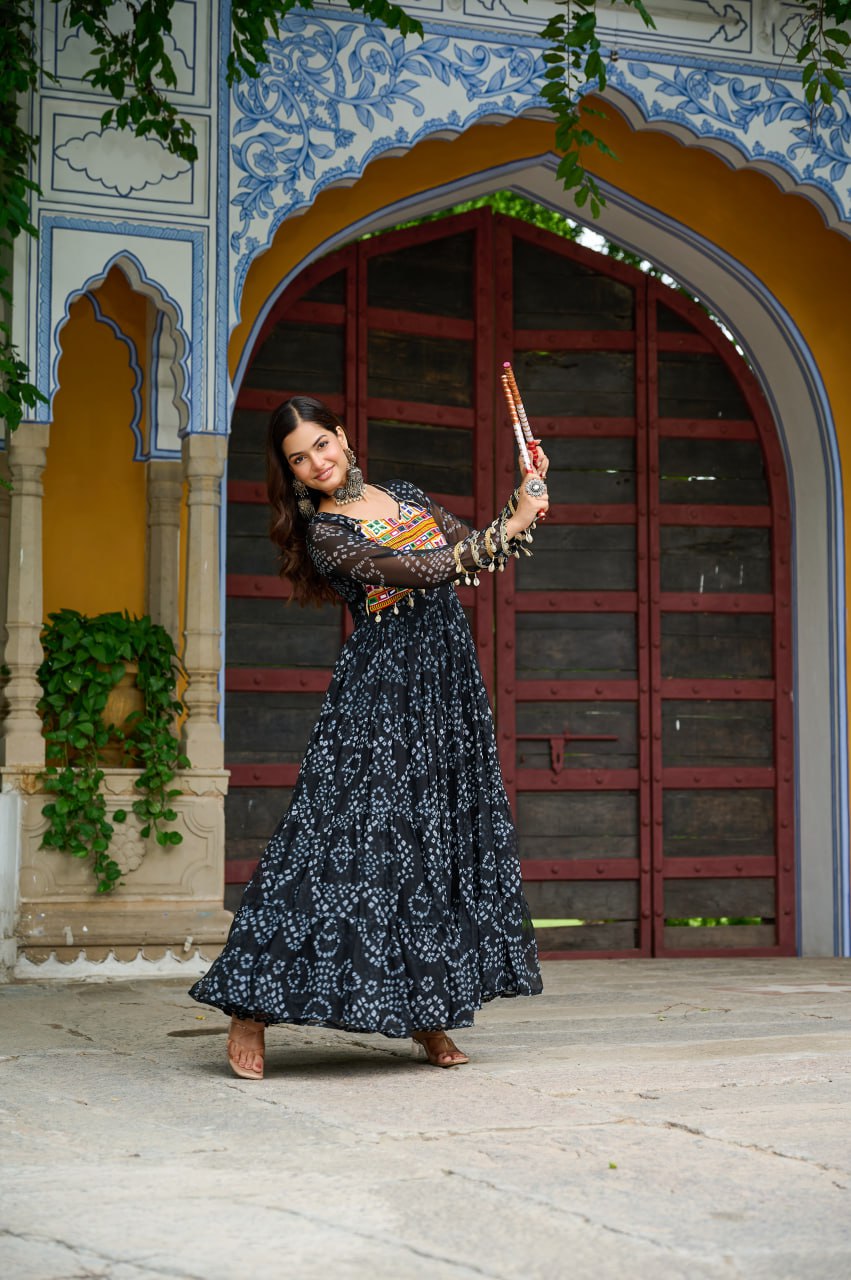 Navrang Fusion Bandhani Mirror Work Garba Gown