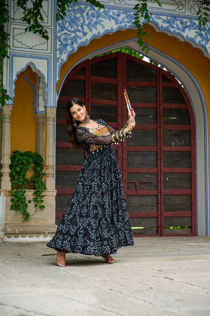 Navrang Fusion Bandhani Mirror Work Garba Gown