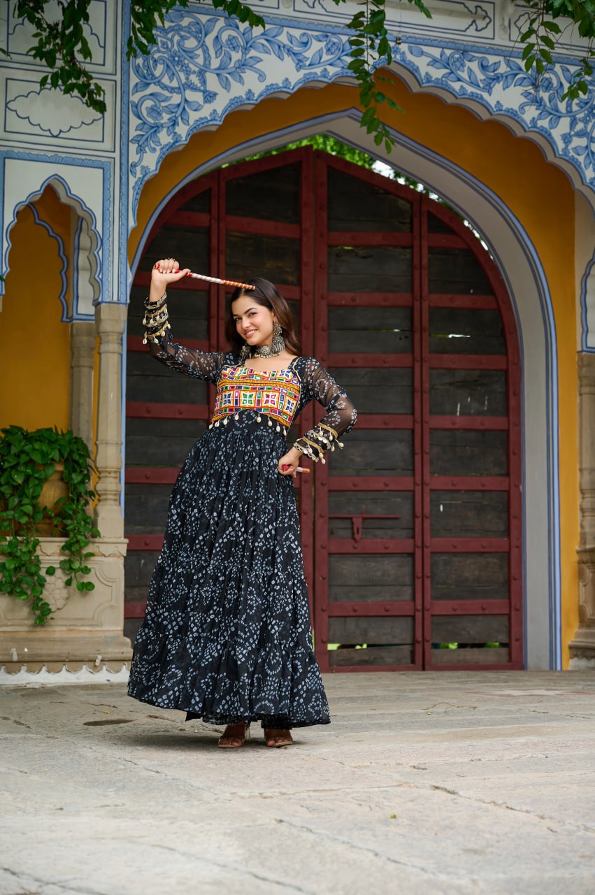 Navrang Fusion Bandhani Mirror Work Garba Gown