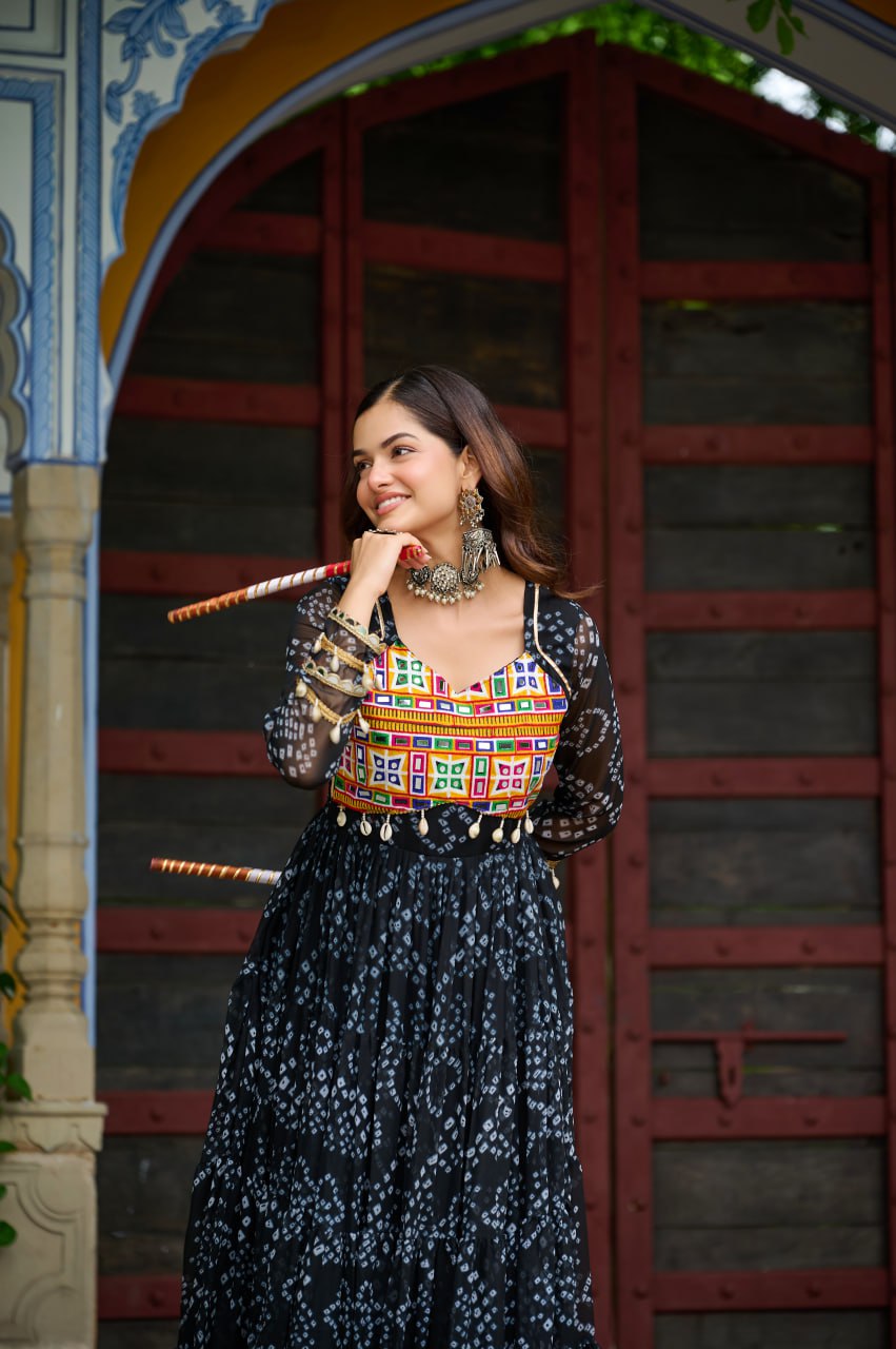 Navrang Fusion Bandhani Mirror Work Garba Gown