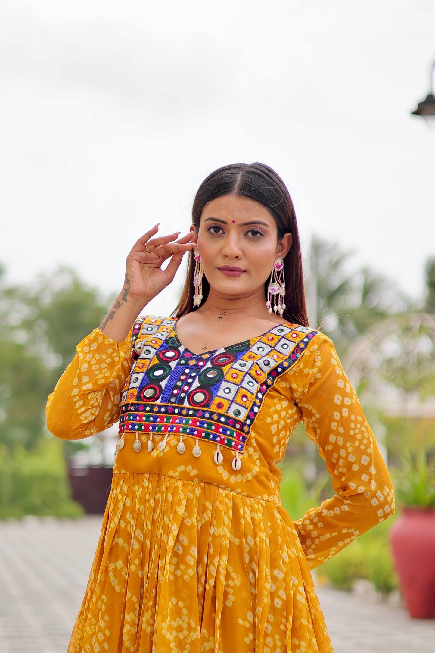 Surmayi Swirl' Mirror Work Bandhani Flared Navratri Gown