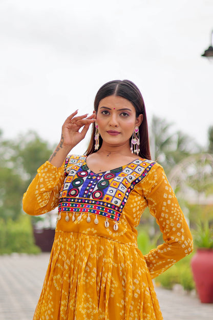 Surmayi Swirl' Mirror Work Bandhani Flared Navratri Gown