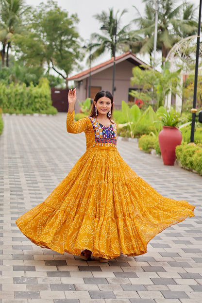 Surmayi Swirl' Mirror Work Bandhani Flared Navratri Gown