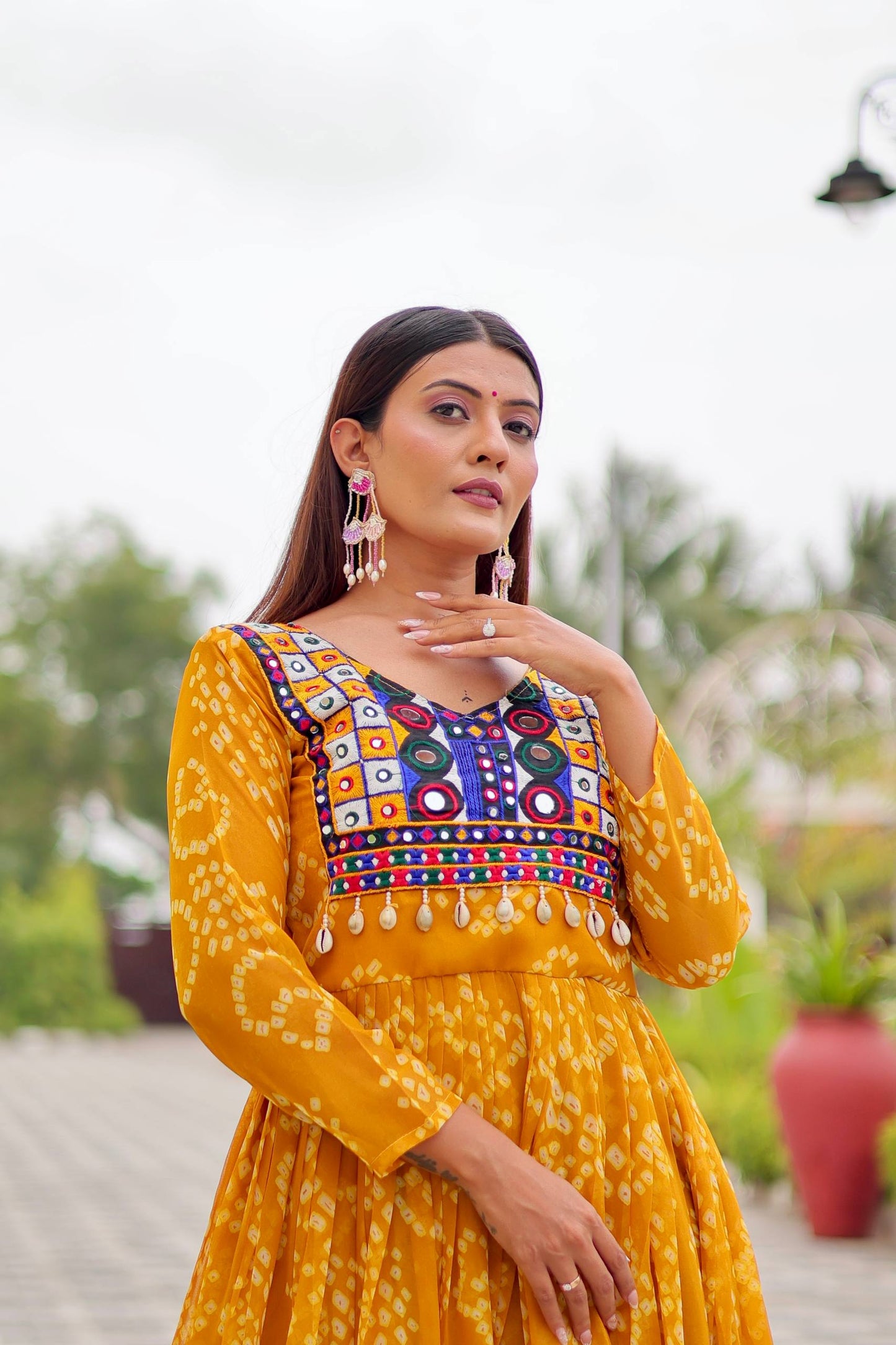 Surmayi Swirl' Mirror Work Bandhani Flared Navratri Gown