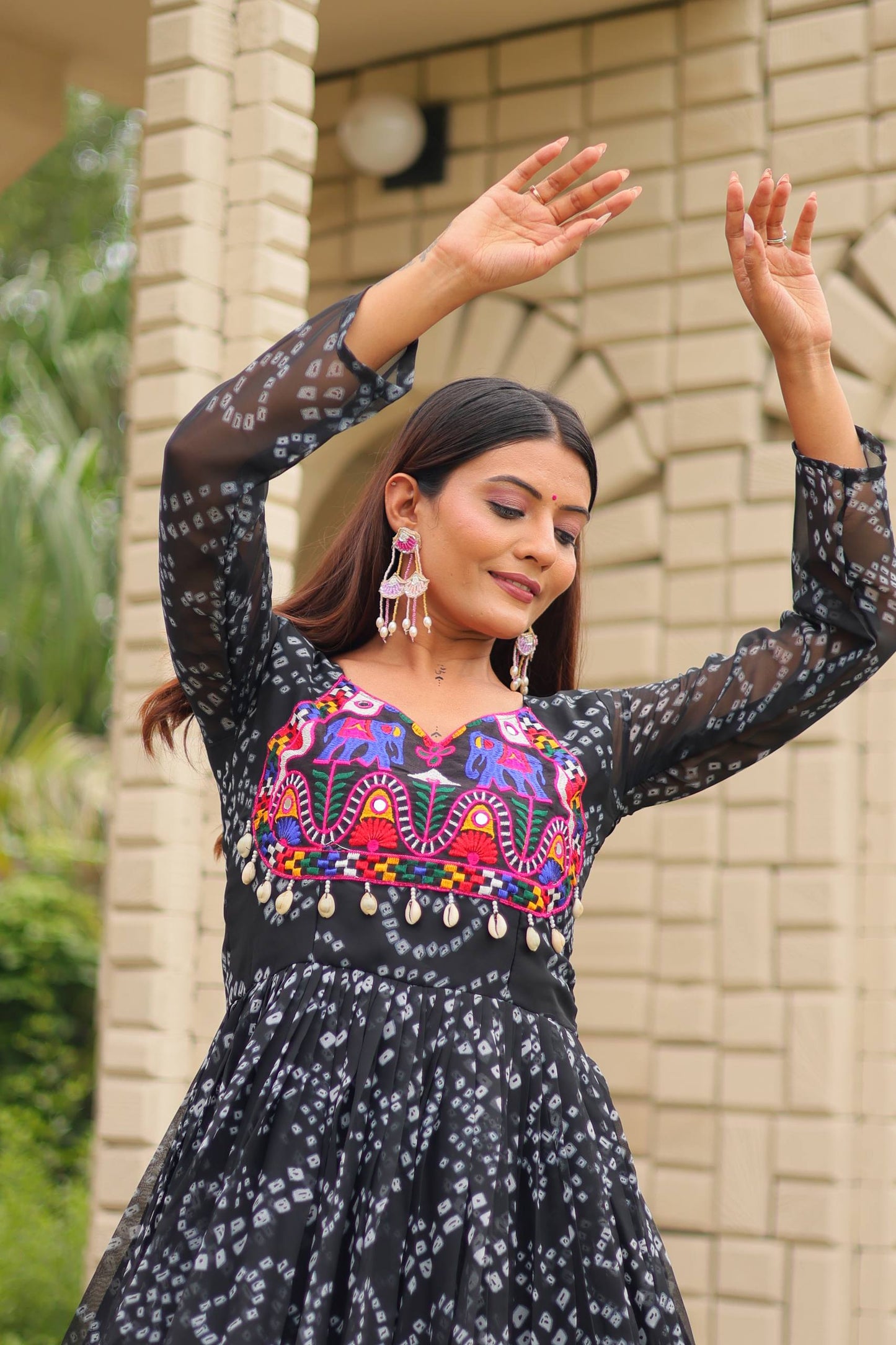 Surmayi Swirl' Mirror Work Bandhani Flared Navratri Gown