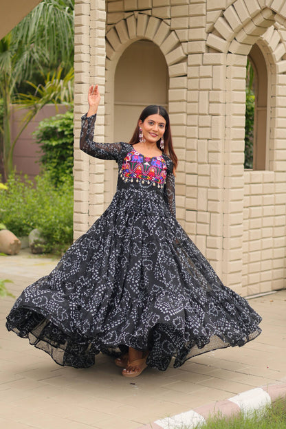 Surmayi Swirl' Mirror Work Bandhani Flared Navratri Gown