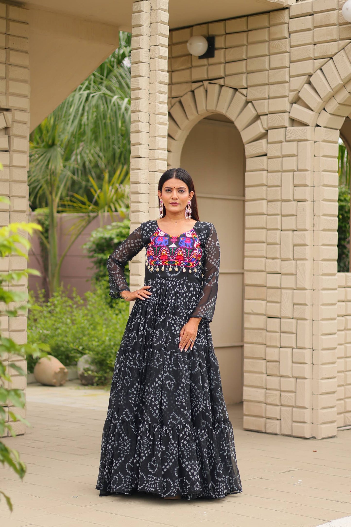 Surmayi Swirl' Mirror Work Bandhani Flared Navratri Gown