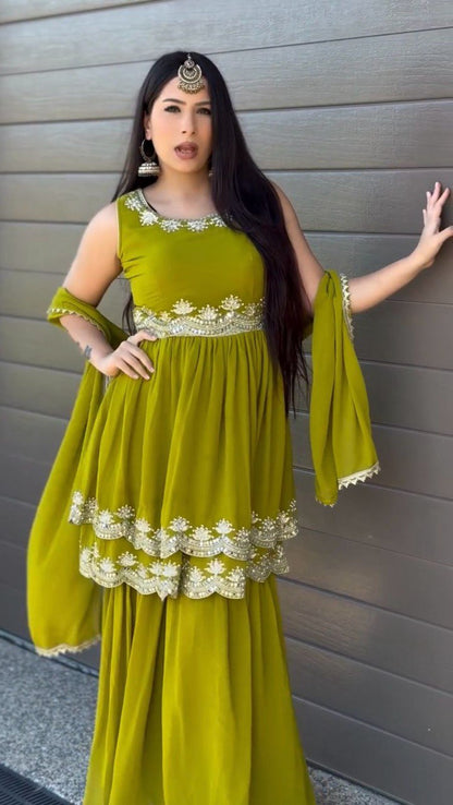 Zaitoon Zariya Embroidered Olive Green Sharara Set