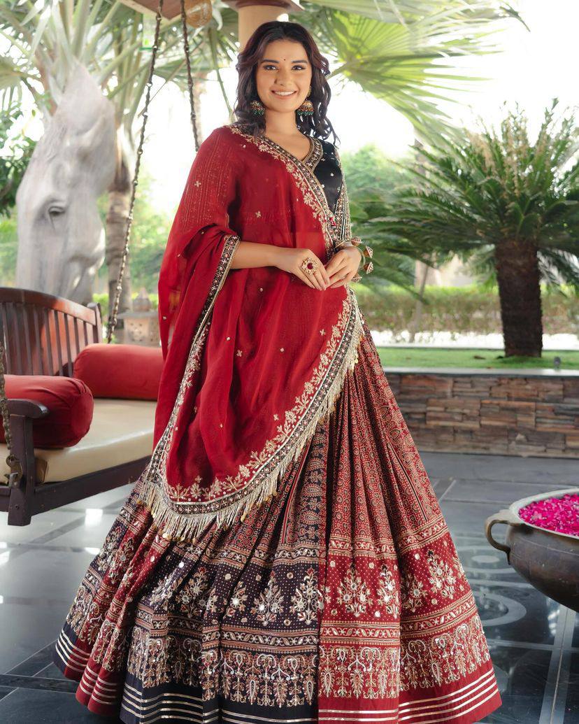 Red Color Fancy Digital Print Work With Real Mirror Work Lehenga choli