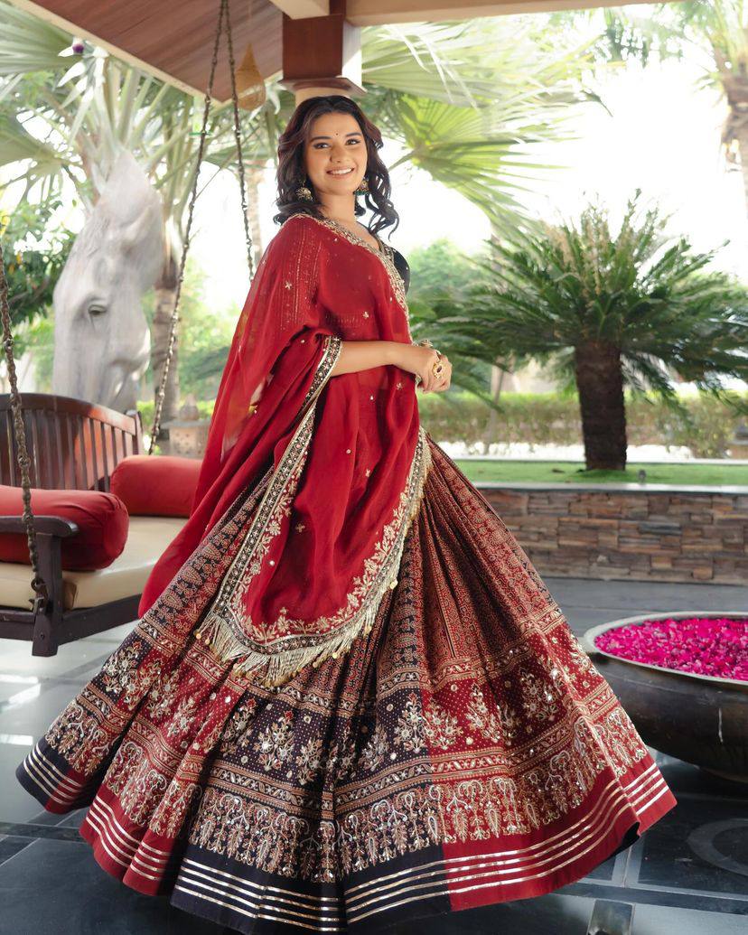 Red Color Fancy Digital Print Work With Real Mirror Work Lehenga choli