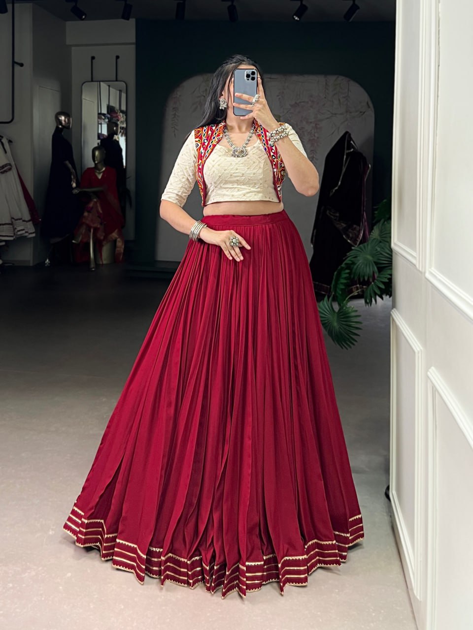 Maroon Royal Grace Mirror Work Navratri Lehenga Choli Set