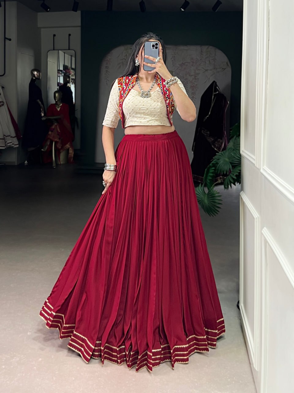 Maroon Royal Grace Mirror Work Navratri Lehenga Choli Set