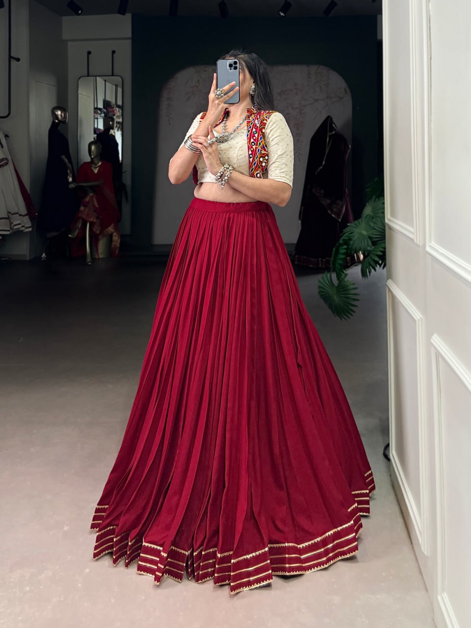 Maroon Royal Grace Mirror Work Navratri Lehenga Choli Set
