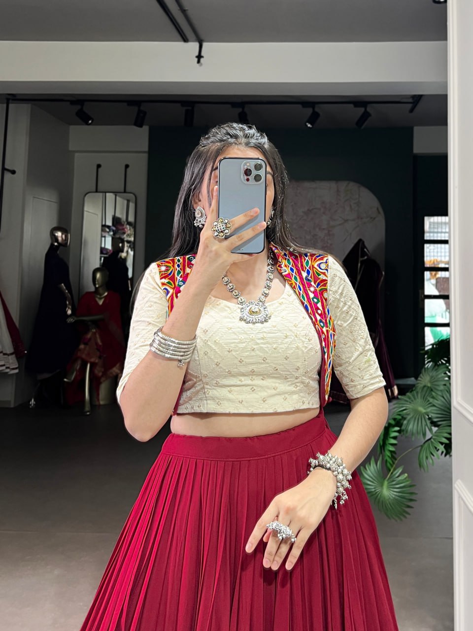 Maroon Royal Grace Mirror Work Navratri Lehenga Choli Set