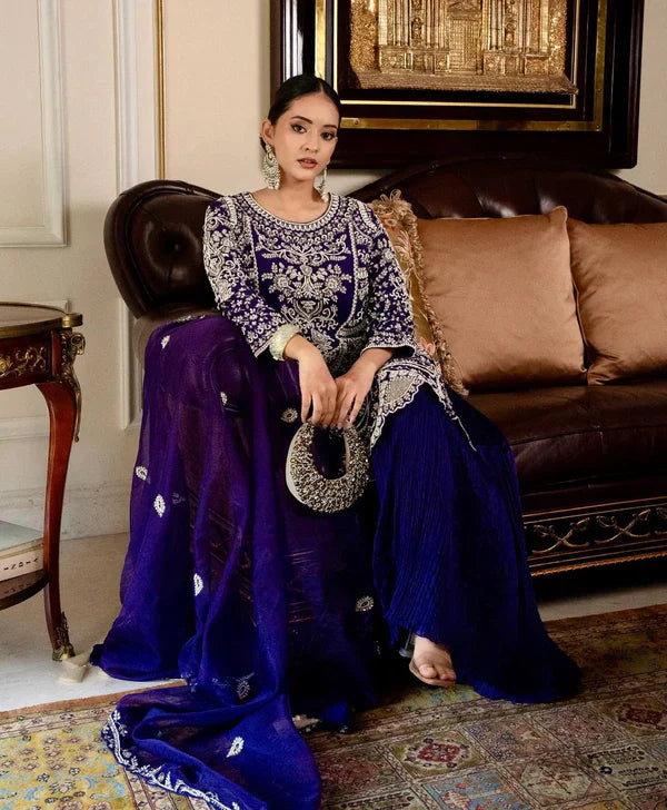 Nooraniya Deep Purple Flared Embroidered Kurta with Pleated Plazzo Set