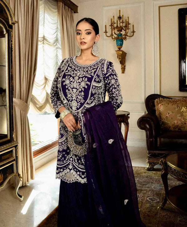 Nooraniya Deep Purple Flared Embroidered Kurta with Pleated Plazzo Set
