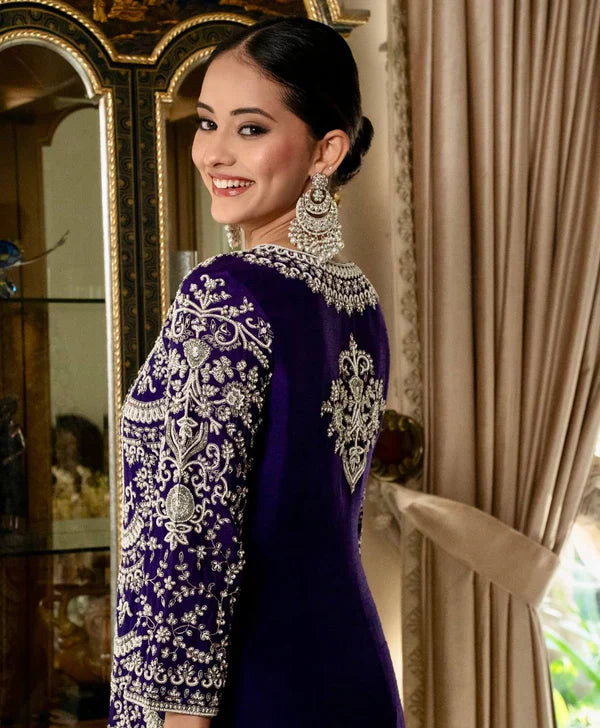 Nooraniya Deep Purple Flared Embroidered Kurta with Pleated Plazzo Set