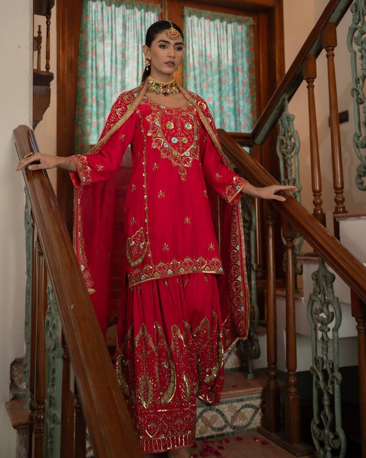 Afsana Crimson Red Hand Embroidered Zari Mirror Sharara Set