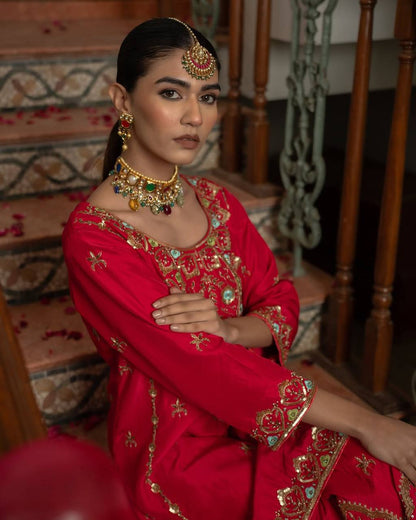 Afsana Crimson Red Hand Embroidered Zari Mirror Sharara Set