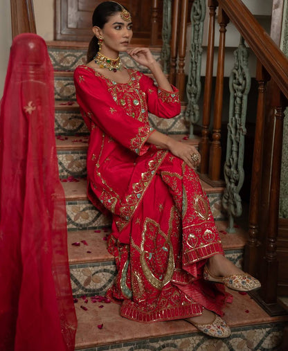 Afsana Crimson Red Hand Embroidered Zari Mirror Sharara Set