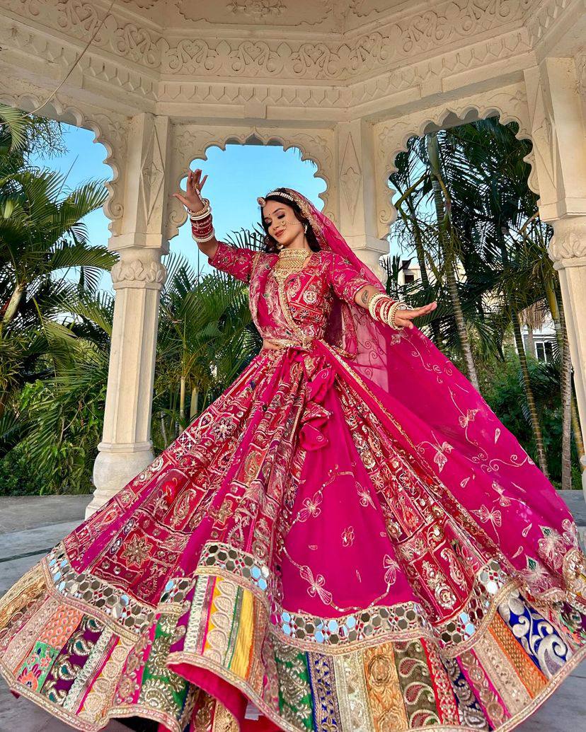 PINK COLOR HEAVY MUSLIN COTTON WITH REAL MIRROR WORK LEHENGA CHOLI