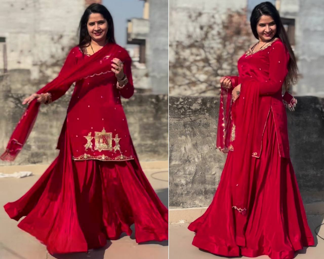 Myra Classic Twirl Look Red Embroidered Bids Hand Work Set