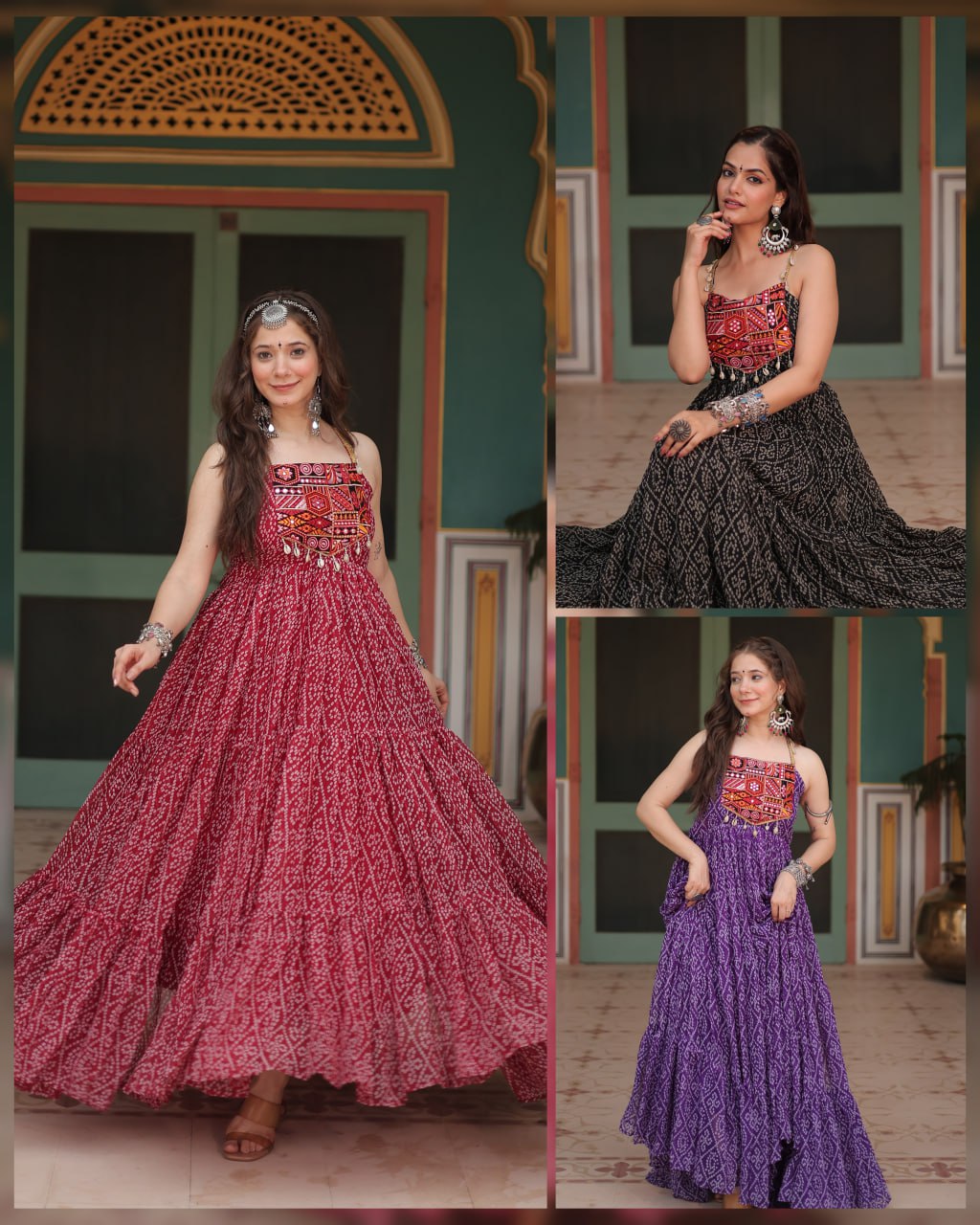Leheriya Luxe Ajrakh Mirror Strap Anarkali Gown