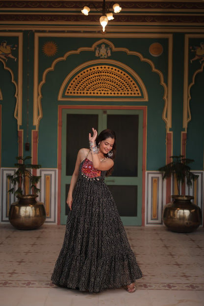 Leheriya Luxe Ajrakh Mirror Strap Anarkali Gown