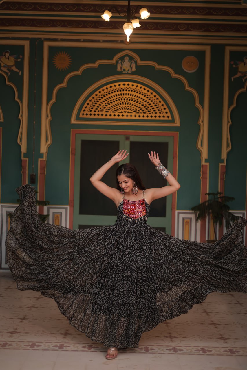 Leheriya Luxe Ajrakh Mirror Strap Anarkali Gown