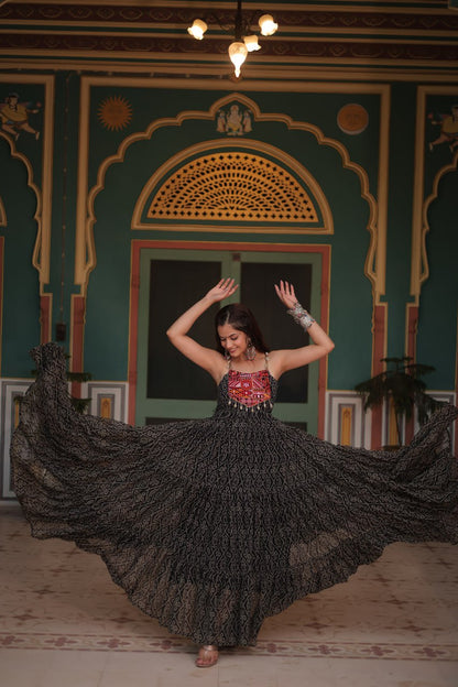 Leheriya Luxe Ajrakh Mirror Strap Anarkali Gown