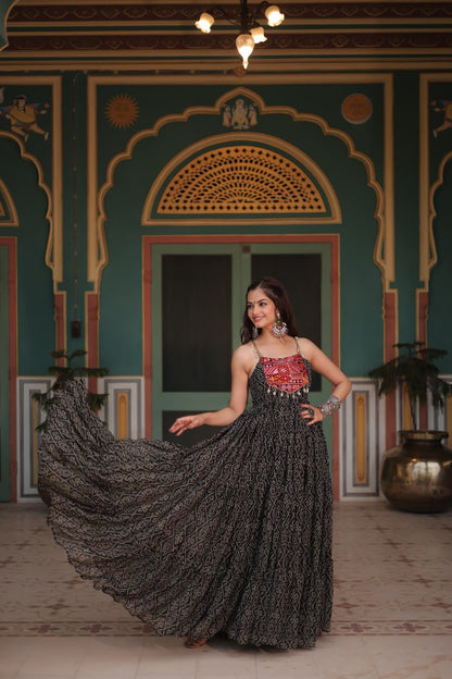 Leheriya Luxe Ajrakh Mirror Strap Anarkali Gown