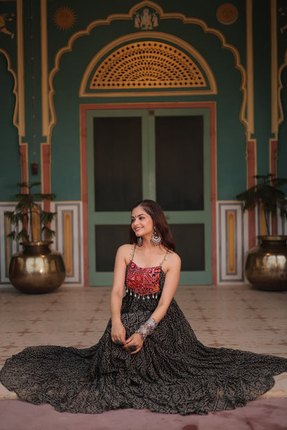 Leheriya Luxe Ajrakh Mirror Strap Anarkali Gown