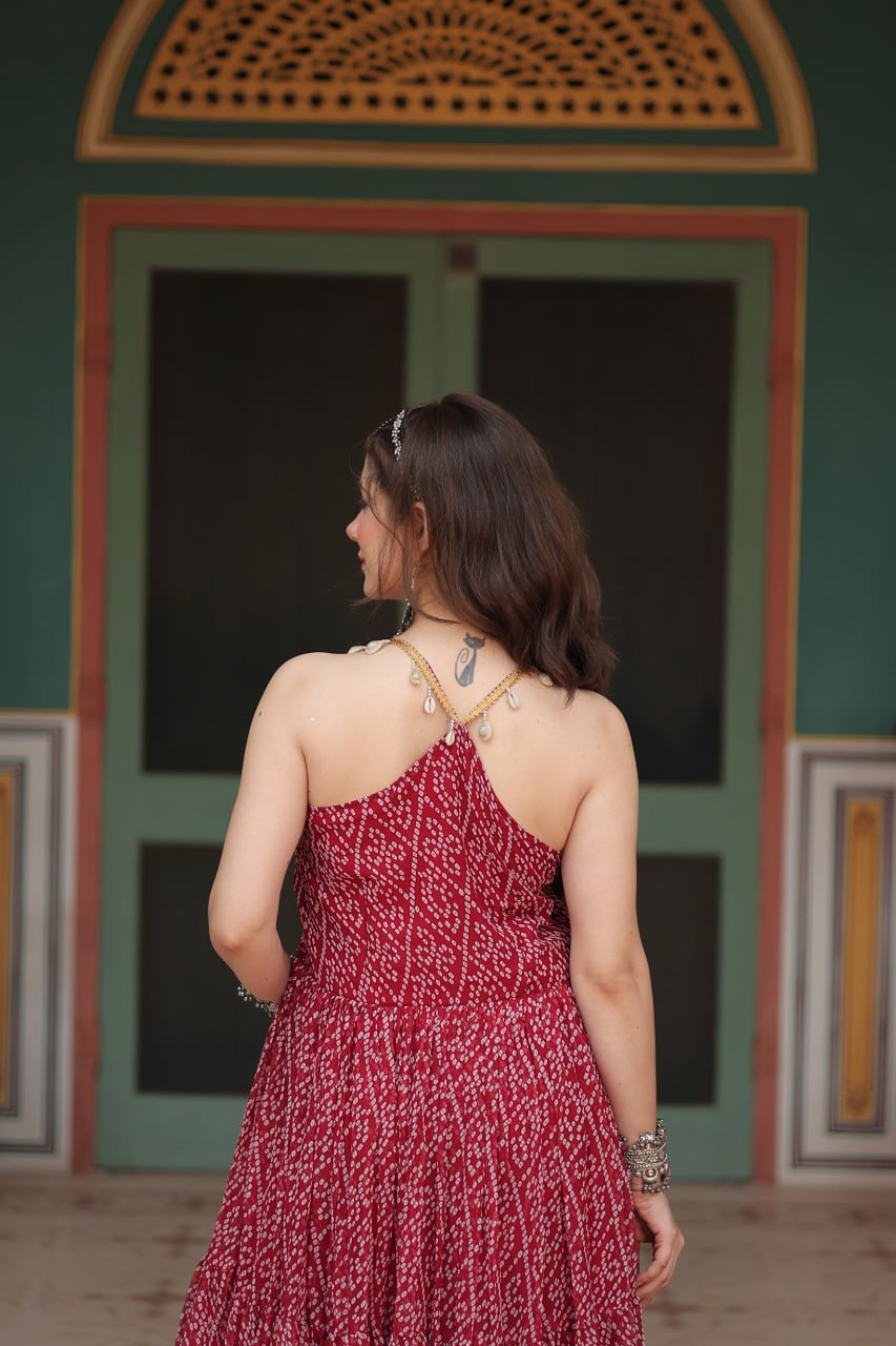 Leheriya Luxe Ajrakh Mirror Strap Anarkali Gown