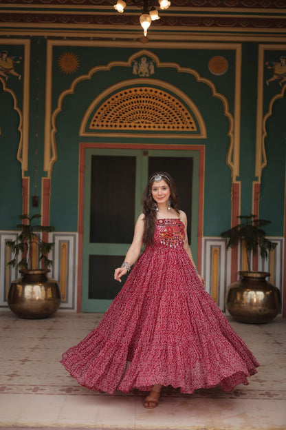 Leheriya Luxe Ajrakh Mirror Strap Anarkali Gown