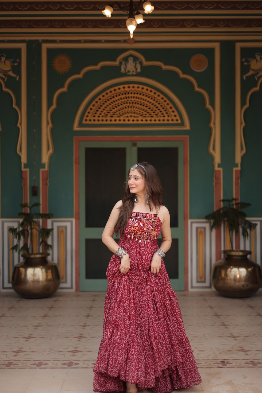 Leheriya Luxe Ajrakh Mirror Strap Anarkali Gown
