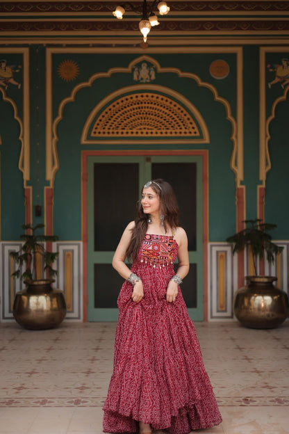 Leheriya Luxe Ajrakh Mirror Strap Anarkali Gown