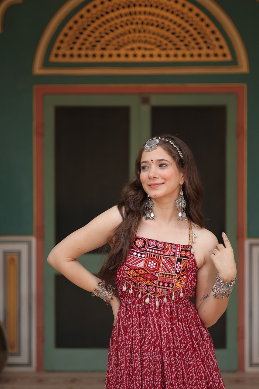 Leheriya Luxe Ajrakh Mirror Strap Anarkali Gown