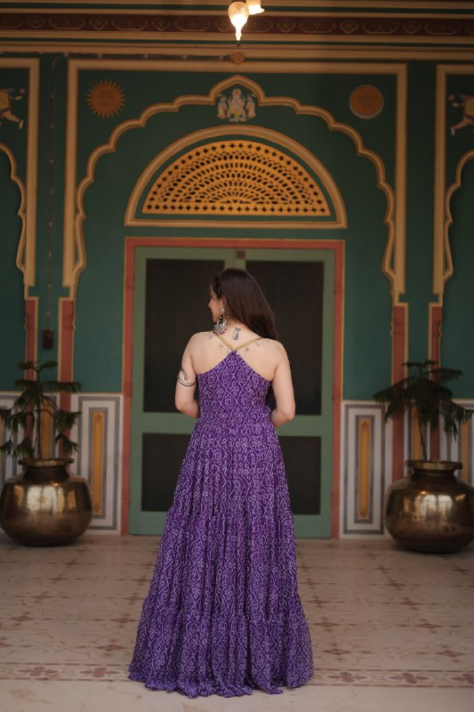 Leheriya Luxe Ajrakh Mirror Strap Anarkali Gown