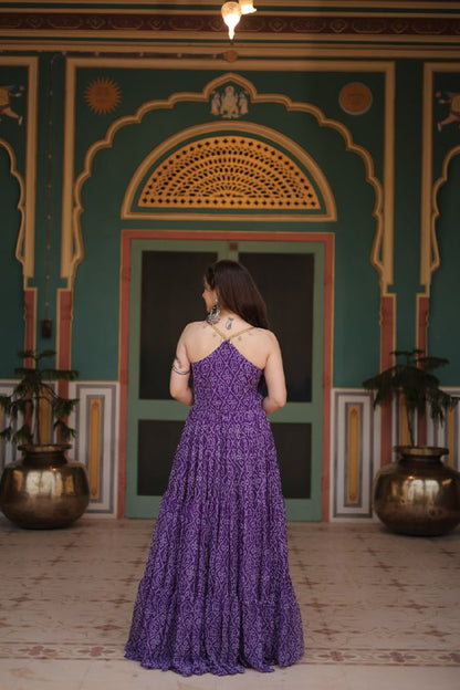 Leheriya Luxe Ajrakh Mirror Strap Anarkali Gown