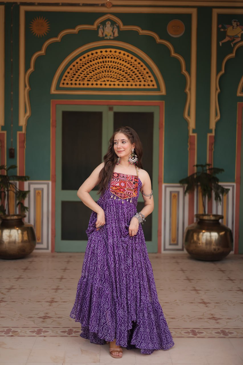 Leheriya Luxe Ajrakh Mirror Strap Anarkali Gown