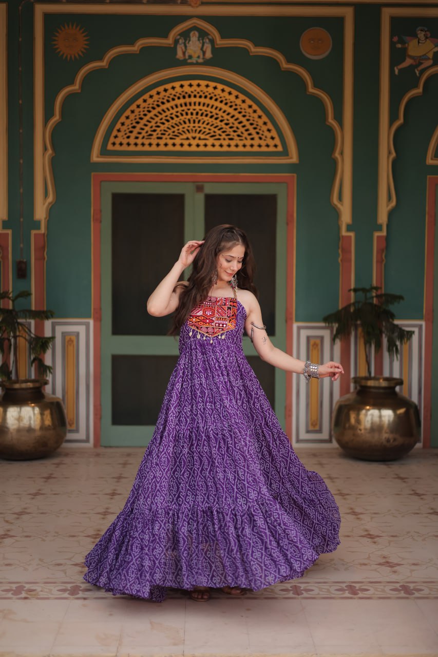 Leheriya Luxe Ajrakh Mirror Strap Anarkali Gown