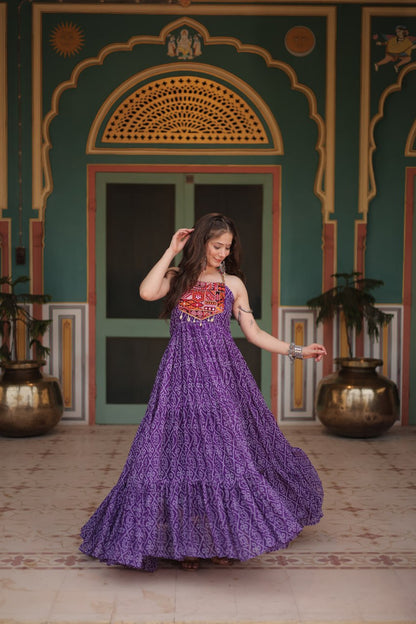 Leheriya Luxe Ajrakh Mirror Strap Anarkali Gown
